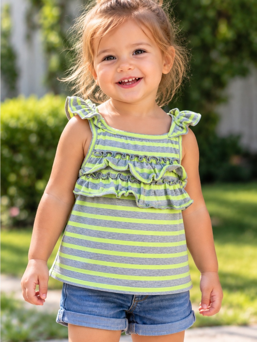 Carter’s Girls 18M Gray Neon Lime Striped Ruffle Tank Top Summer Tee